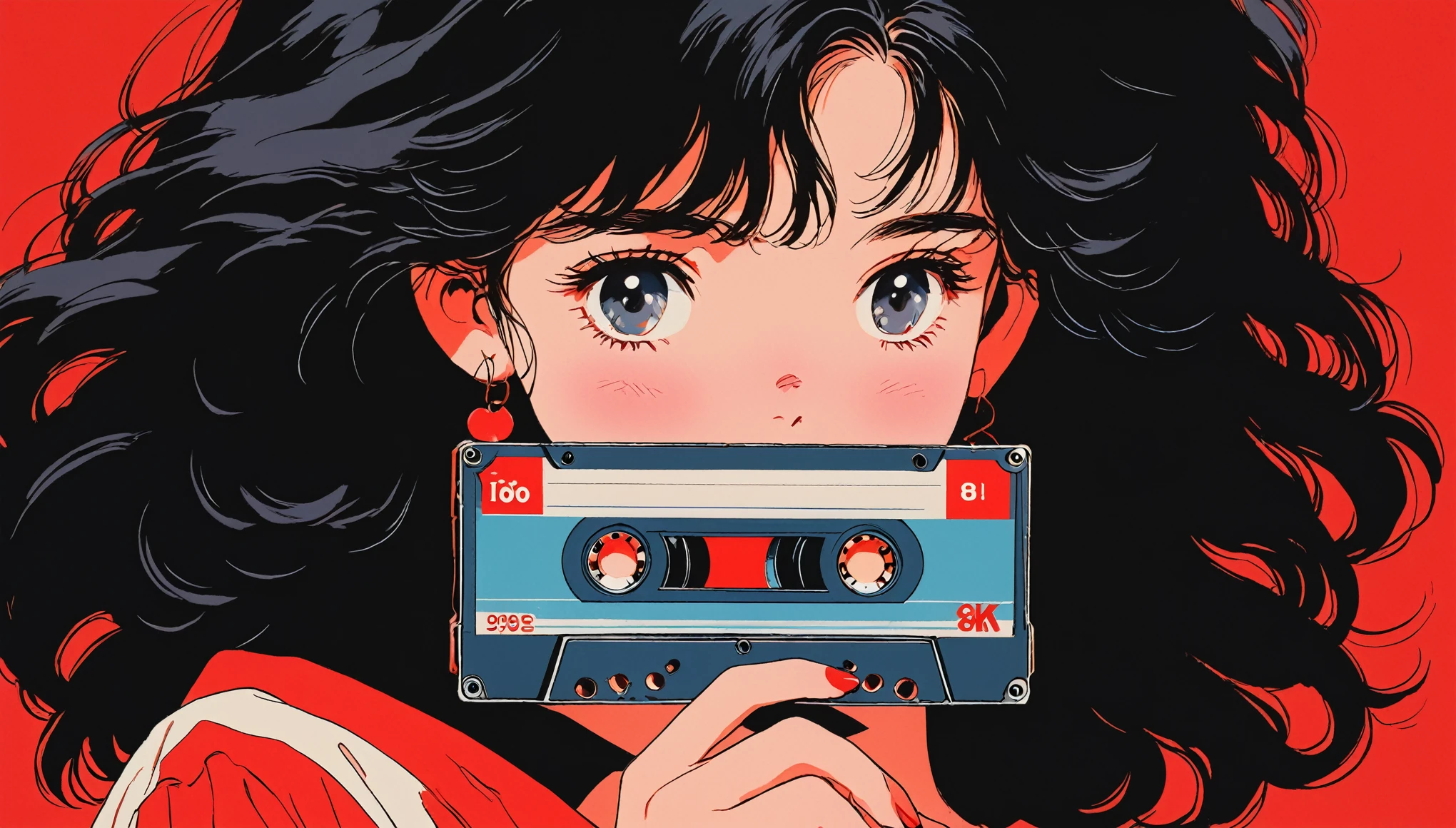 90s anime style, 1990s Style, Clear, 1980s Style, (Red cheeks:1.7), Best Quality, 8k, 1 female, only, LOFI Girl, Lofi Art, Low-fi feeling, Looking at the audience, Very big eyes, Wearing 1980s clothing, Top shot, close, smile, Light brown eyes, Snow-white skin, Shining Eyes, Black Hair, Wavy Hair, Anime girl holding a cassette tape, A solid red background with no other elements, The main focus is on the girl and the cassette tape.