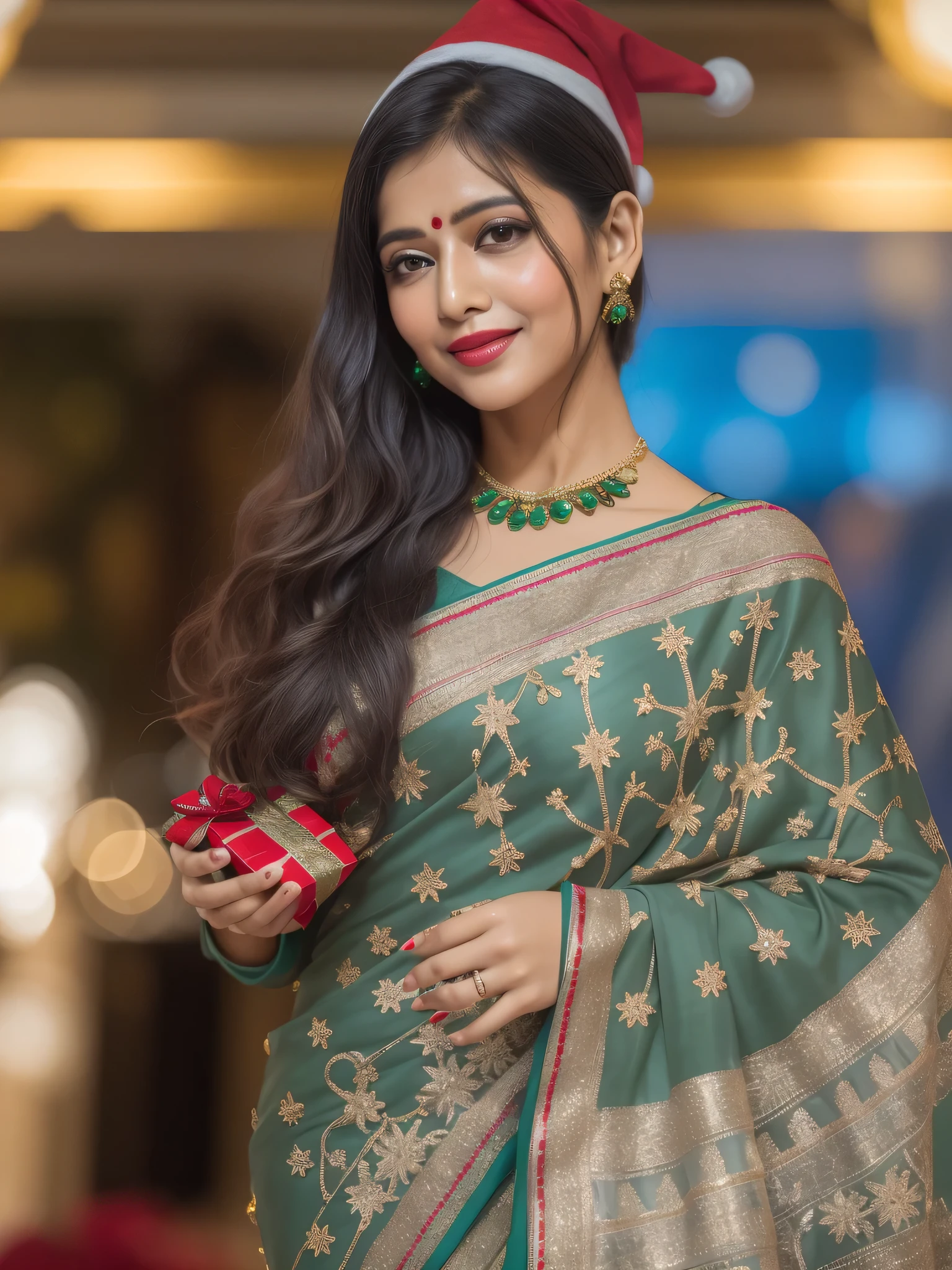 anupa kakkar hot photos in black sari, traditional beauty, assamese aesthetic, with lovely look, mid shot portrait, traditional art, inspired by T. K. Padmini, nivanh chanthara, south east asian with long, very beautiful girl, wearing bihu dress mekhela sador, by Joy Garnett, indian, candid photograph,HD, (finest details), (best quality), Merry, Christmas decorations, night, Christmas theme, Christmas gifts, Christmas tree, best quality, high resolution, Christmas decorations, lights, snowflakes, (( (Red Christmas hat))),