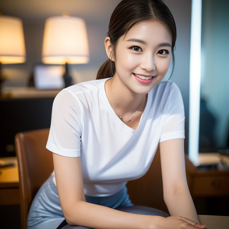 (A stunning Korean office lady, looking at the viewer, short-sleeve tight shirt, mini-skirt, youthful charms, smooth complexion, beautiful detailed face, beautiful detailed eyes and lips, long eyelashes, slender figure, Anatomically Correct, feminine, seductive expression, cute dimples, kind smile, short hair, side ponytail, 

Blurred background, Bokeh effect, ultra-detailed,
(best quality,4k,8k,highres,masterpiece:1.2), (realistic,photorealistic,photo-realistic:1.37), 
HDR, UHD, studio lighting, ultra-fine painting, sharp focus, physically-based rendering, extreme detail description, professional, vivid colors, bokeh, SFW, Safe for Work, cowboy shot, head to knee,)