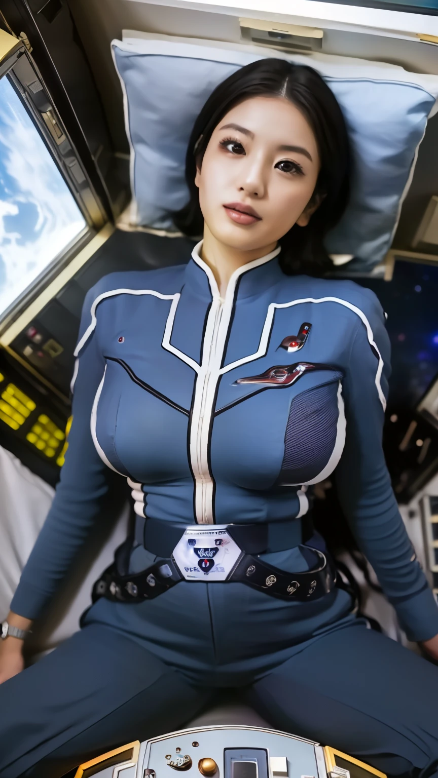 (Best Quality, 8k, 32K, masterpiece, Ultra-high resolution:1.2),Beautiful Japanese Women Photos, 40 years old、Slim figure、(Big Breasts:1.4)、(Straight black hair), (One Japanese woman、Lie completely flat on your back in a space station bed、Close your eyes completely、Spread your legs), (((Ultra Guard uniform and pants)))