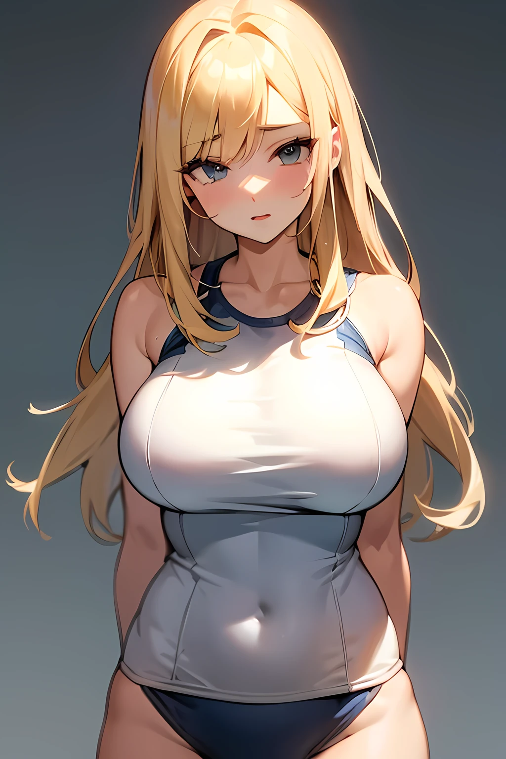 Blonde,medium hair highest quality, super high quality, 16k, Very detailed, 2.5D, Delicate and dynamic, Very delicate facial expression, Delicate eye depiction, Healthy body shape, 2 woman, Large, firm, swaying bust, School Swimsuit