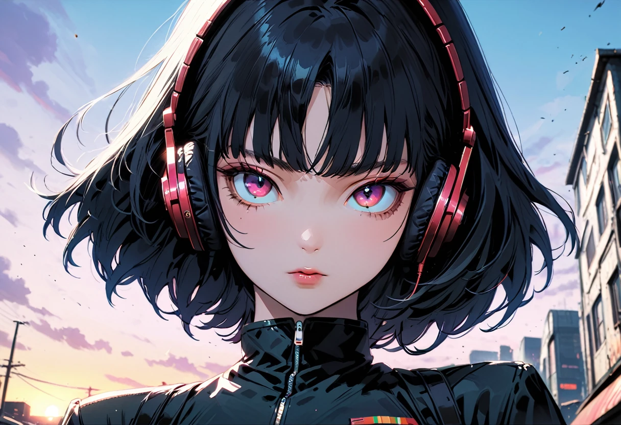 ((Best Quality)),(masterpiece)),(detailed),(Realistic),80s Anime、Wide angle shooting、Long-distance shot、Wide-angle shooting、Ghibli style、Lo-fi art style,Cinematic Lighting,Tokyo Sunset Girl、The girl is wearing headphones and has her eyes closed、Beautiful black hair with short hair