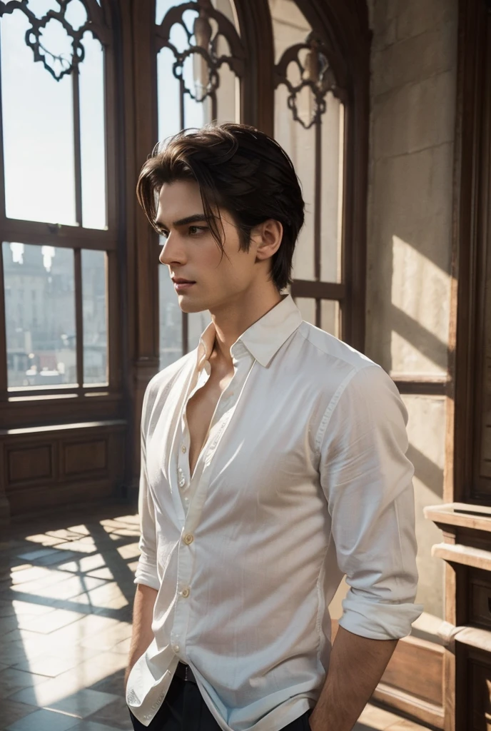 open shirt man, young, 22 years old, sexy, realistic, masterpiece, intricate details, detailed background, depth of field, cinematic, pectorals, abs, , open shirt, dramatic lighting, photo of a handsome (regency era man) in bedroom, window, volumetric light, poster art photography