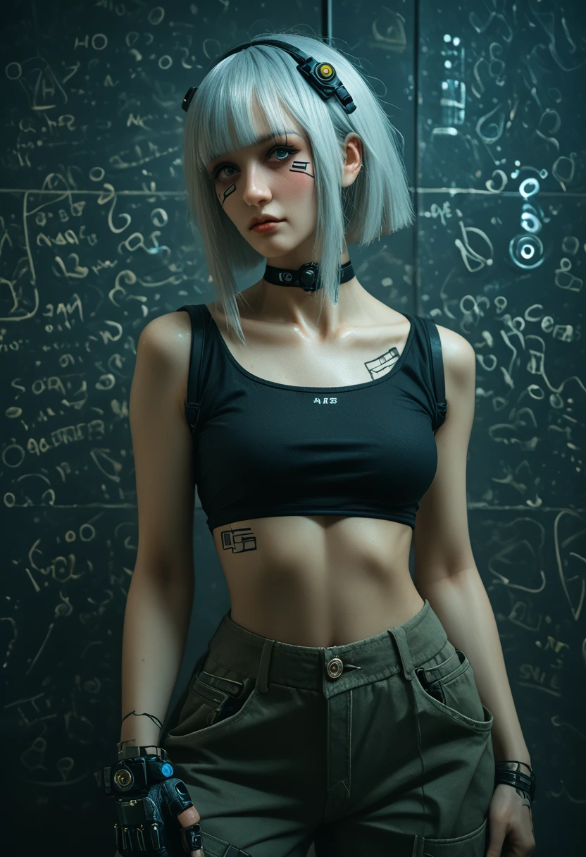 masterpiece, best quality, (extremely detailed CG unity 8k wallpaper, masterpiece, best quality, ultra-detailed, masterpiece, best quality, 1girl, solo, crop top, denim shorts, choker, (graffiti:1.5), paint splatter, arms behind back, against wall, looking at viewer, armband, thigh strap, paint on body, head tilt, bored, multicolored hair, aqua eyes, headset, Tatsumaki,