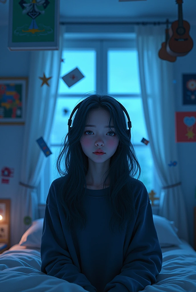 A sad georgous girl watching a bedroom full of cds, pixar style, cinematic, masterpiece, high-aesthetic 