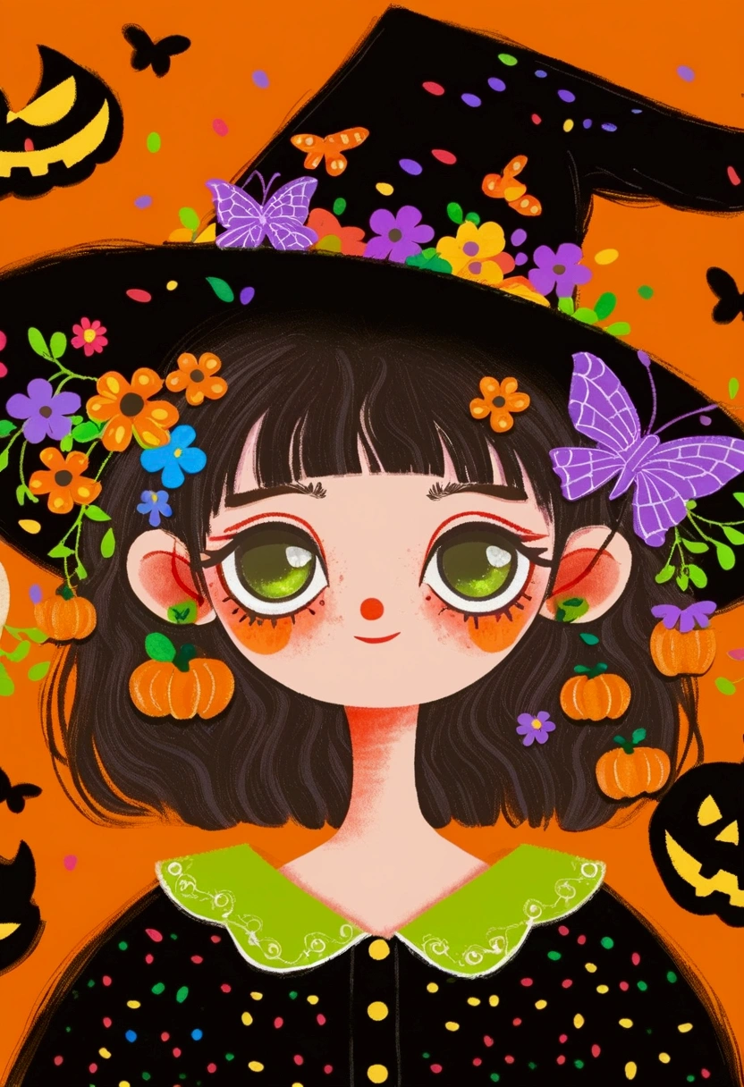 A painting，Pastel Art：Halloween。Girl wearing witch hat。。Big green eyes，Short hair，lol，teeth。Lovely的艺术风格, Lovely细致的数字艺术, Lovely的数字艺术, Lovely的艺术品, 卡哇伊写实portrait, Change, Lovely的数字, Lovely。portrait, Benefits, Lovely的角色, Lovely 多彩 Lovely
绿色背景