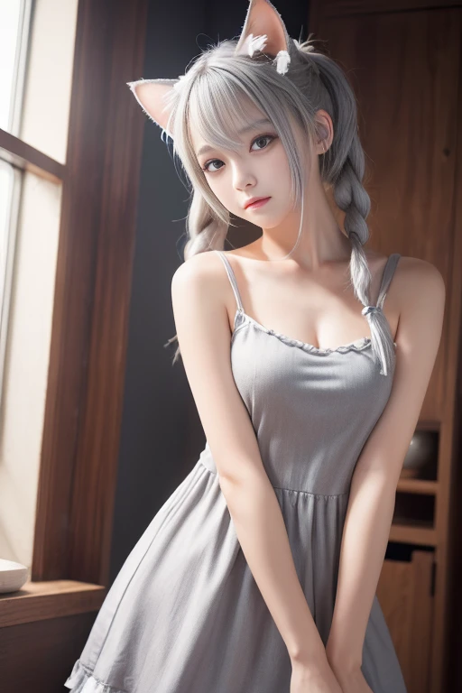 Eyes are hidden by short hair with silver hair in a natural perm。
rabbit ears hang from the top of the head,
Bunny girl with a wheat color