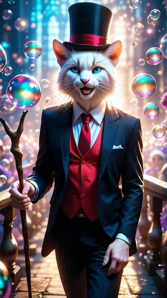 White furry cat with bright blue eyes, wearing a black suit with red buttons, white tie, top hat, Holding a stick, Leaning on a small stone fence, Looking at the Viewer Smile, flirting, Sweet floral scent spread all over the picture, Bubbles rise to the top, Fairy and wonderful images, sunny day, Soft clouds, Warm air, dream bubbles, Shadow game, bright colors, masterpiece , full details, Shine, Game of Shadows, Maximum Quality, Score_9, Score_8_up, Score_7_up, dramatic lighting, highly detailed, high budget, bokeh, cinema lens, annealing captivating, majestic, gorgeous, film grain, grainy, masterpiece, best quality, anatomically perfect, very aesthetic, formal art, 8k, Fantasy, fantasy