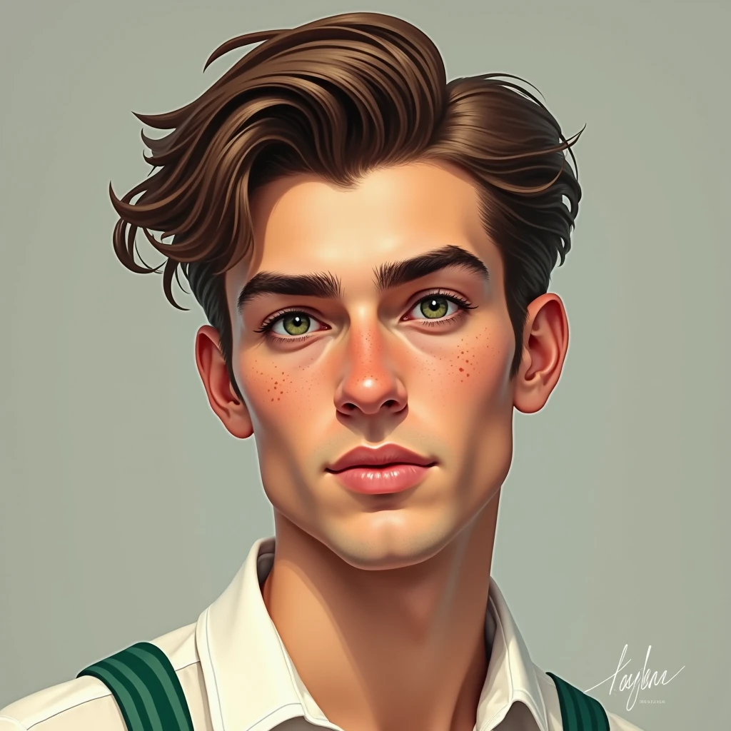 Handsome man with brown hair and green eyes, freckled skin, realistic ...
