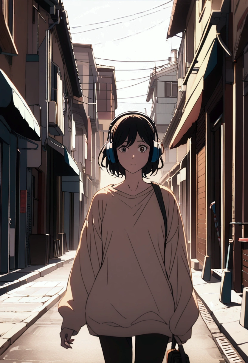 A girl with short black hair wearing headphones walking down the street