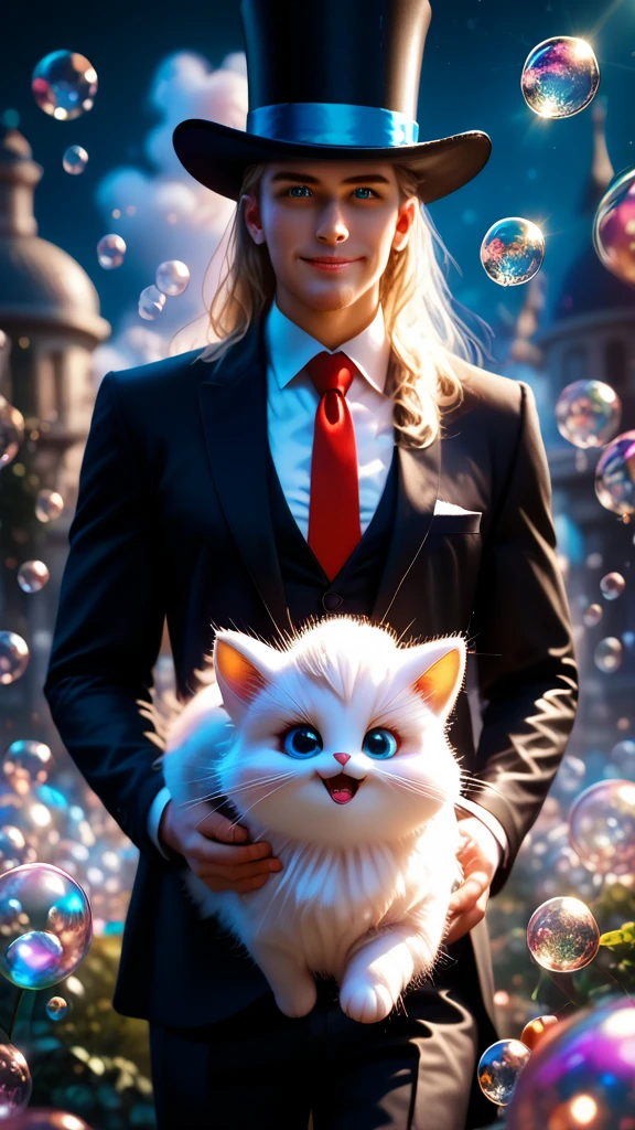 White furry cat with bright blue eyes, wearing a black suit with red buttons, white tie, top hat, Holding a stick, Leaning on a small stone fence, Looking at the Viewer Smile, flirting, Sweet floral scent spread all over the picture, Bubbles rise to the top, Fairy and wonderful images, sunny day, Soft clouds, Warm air, dream bubbles, Shadow game, bright colors, masterpiece , full details, Shine, Game of Shadows, Maximum Quality, Score_9, Score_8_up, Score_7_up, dramatic lighting, highly detailed, high budget, bokeh, cinema lens, annealing captivating, majestic, gorgeous, film grain, grainy, masterpiece, best quality, anatomically perfect, very aesthetic, formal art, 8k, Fantasy, fantasy