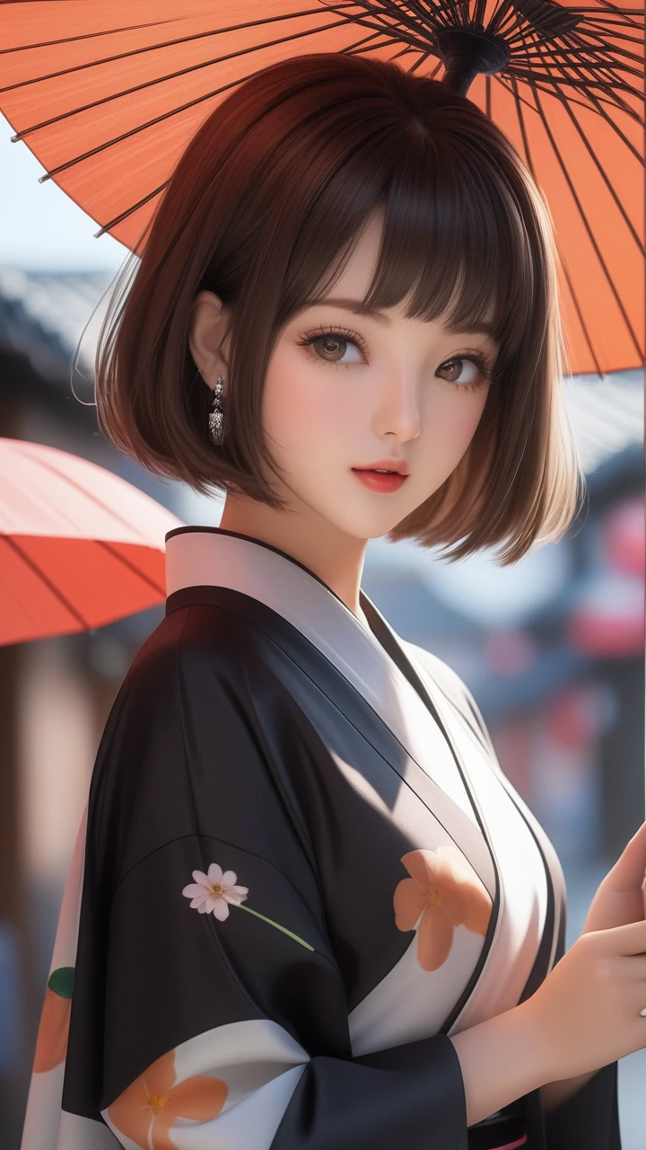 Highest quality　masterpiece　High resolution　masterpiece　Brown Bob　　Grey Eyes　blunt cut, Japanese girl 