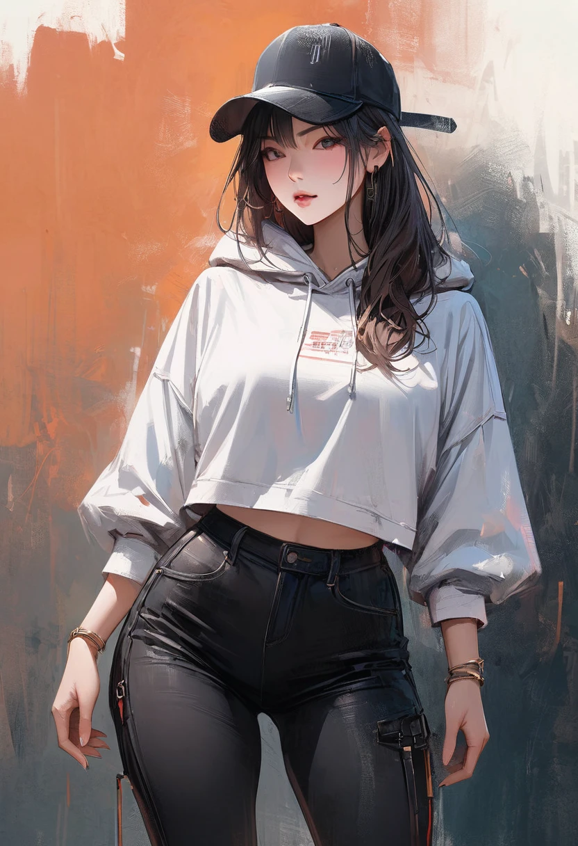 (masterpiece, See the details、Realistic texture with precise expression、Best Quality, Balayage highlighting:1.2), 1 girl, Alone、Gal、Splash、Sulky face、Cool vibe、(White crop top hoodie、Black leggings,whole body、(Big Breasts)、Sturdy body、Gold Anklet、Standing with a cap on)
