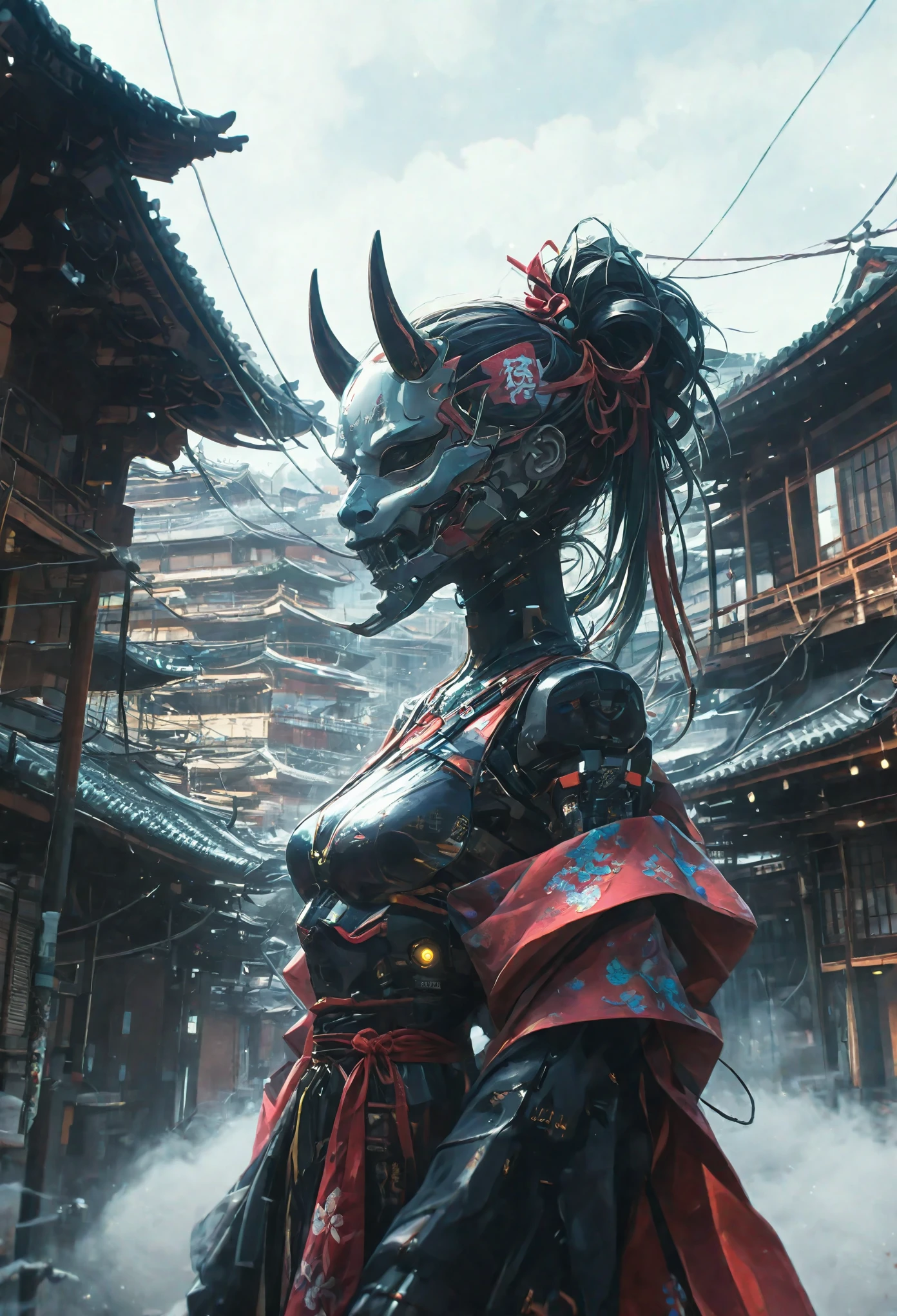 Its neck is so long it looks like a kirin、Creating an image of a female android in a beautiful kimono walking through the streets of Kyoto. The style is terrible, and the fusion of humans and Robots has a mysterious and creepy atmosphere amidst the beauty. In the background is an old Japanese cityscape. It has a long neck made of machines and wears a mask. Imagine a strange and eerie picture - Ar 9:16.
creepy atmosphere, fusion, horor, Japanese cityscape, long neck, Robots, at 6