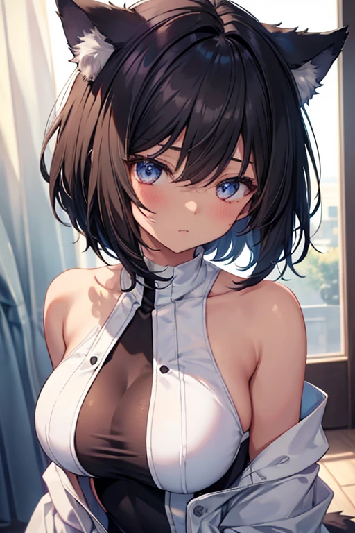masterpiece, absurdres, best quality, ultra detailed, high Resolution, detailed illustration, bright colour, (extremely beautiful detailed face and eyes, Delicate beautiful face, 1 girl, cute face:1.3), (magenta eyes:1.1), sparkling eyes, big eyes, medium breasts, (perky breasts:1.1), (pointy breasts:1.1), medium hips, glamorous body, white skin, BREAK, long bob cut, (blonde hair:0.8), messy hair, detailed hair, shiny hair, BREAK (Sleeveless shirt, undressed, down blouse, Sideboob:1.3), perfect lighting, (embarrassed:1.3), (ecstasy, vulgarity:1.5), (trembling:0.8), full body,