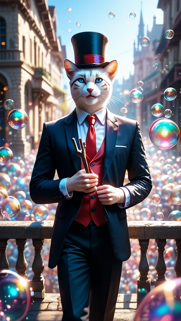 White furry cat with bright blue eyes, wearing a black suit with red buttons, white tie, top hat, Holding a stick, Leaning on a small stone fence, Looking at the Viewer Smile, flirting, Sweet floral scent spread all over the picture, Bubbles rise to the top, Fairy and wonderful images, sunny day, Soft clouds, Warm air, dream bubbles, Shadow game, bright colors, masterpiece , full details, Shine, Game of Shadows, Maximum Quality, Score_9, Score_8_up, Score_7_up, dramatic lighting, highly detailed, high budget, bokeh, cinema lens, annealing captivating, majestic, gorgeous, film grain, grainy, masterpiece, best quality, anatomically perfect, very aesthetic, formal art, 8k, Fantasy, fantasy