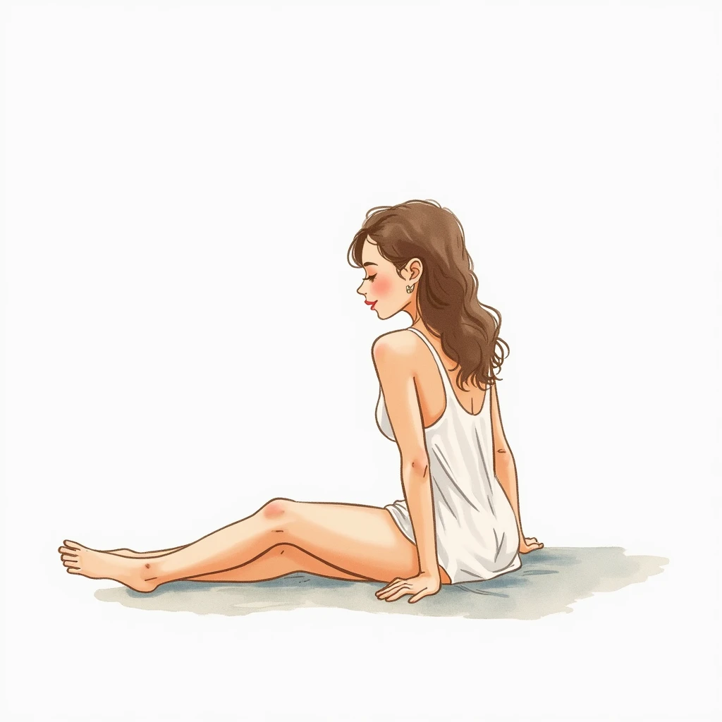 Watercolor of a slim filipina female unclothed, kneeling facing away, full body boudoir pose, realistic, sensual, perfect body,
