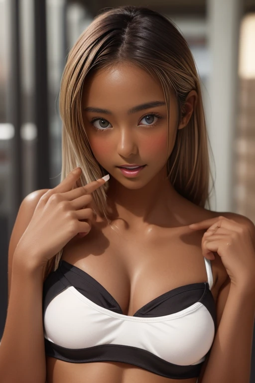 one girl, Put your hand over your mouth、Beautiful breasts、 Brown eyes, ((Gal Hairstyles)) blonde, girl, (Eye and facial details:1.0), break, (masterpiece, Highest quality, Very detailed, Detailed face, 8k),( dark skin:1.95 ),唇を噛みしめる, 大きな胸, ショートカット,(((( monokini ))))