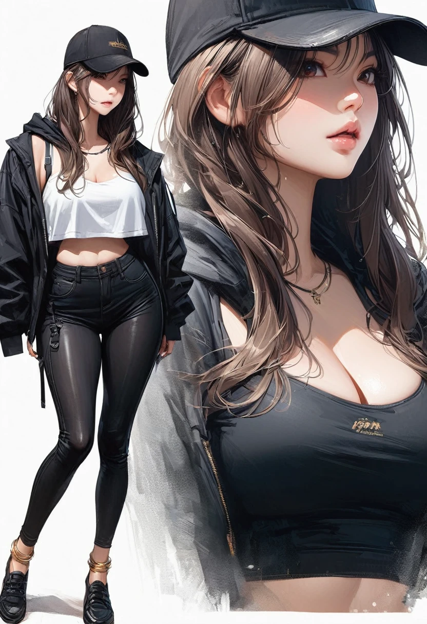 (masterpiece, See the details、Realistic texture with precise expression、Best Quality, Balayage highlighting:1.2), 1 girl, Alone、Gal、Splash、Sulky face、Cool vibe、(White crop top hoodie、Black leggings,whole body、(Big Breasts)、Sturdy body、Gold Anklet、Standing with a cap on)
