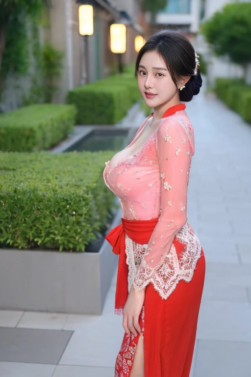 8k, best quality, Medium close-up, (red kebaya )、(luxury short kebaya ),(top-quality,​masterpiece:1.3,超A high resolution,),(ultra-detailliert,Caustics),(Photorealsitic:1.4,RAW shooting,)Ultra-realistic capture,A highly detailed,high-definition16Kfor human skin, Cute and lovely Korean girl, realistic, ultra detail, photo realistic, Increase quality, 
 standing in a garden with a scarf, garden, (large breast, big breasts), (cleavage ), close-up shot,  mouth,dark-haired, Messy Updo hair, (depth of fields、chromatic abberation、Wide range of lighting、Natural Shading、)、(Exterior light at night:1.4)、(Hair swaying in the wind:1.2).