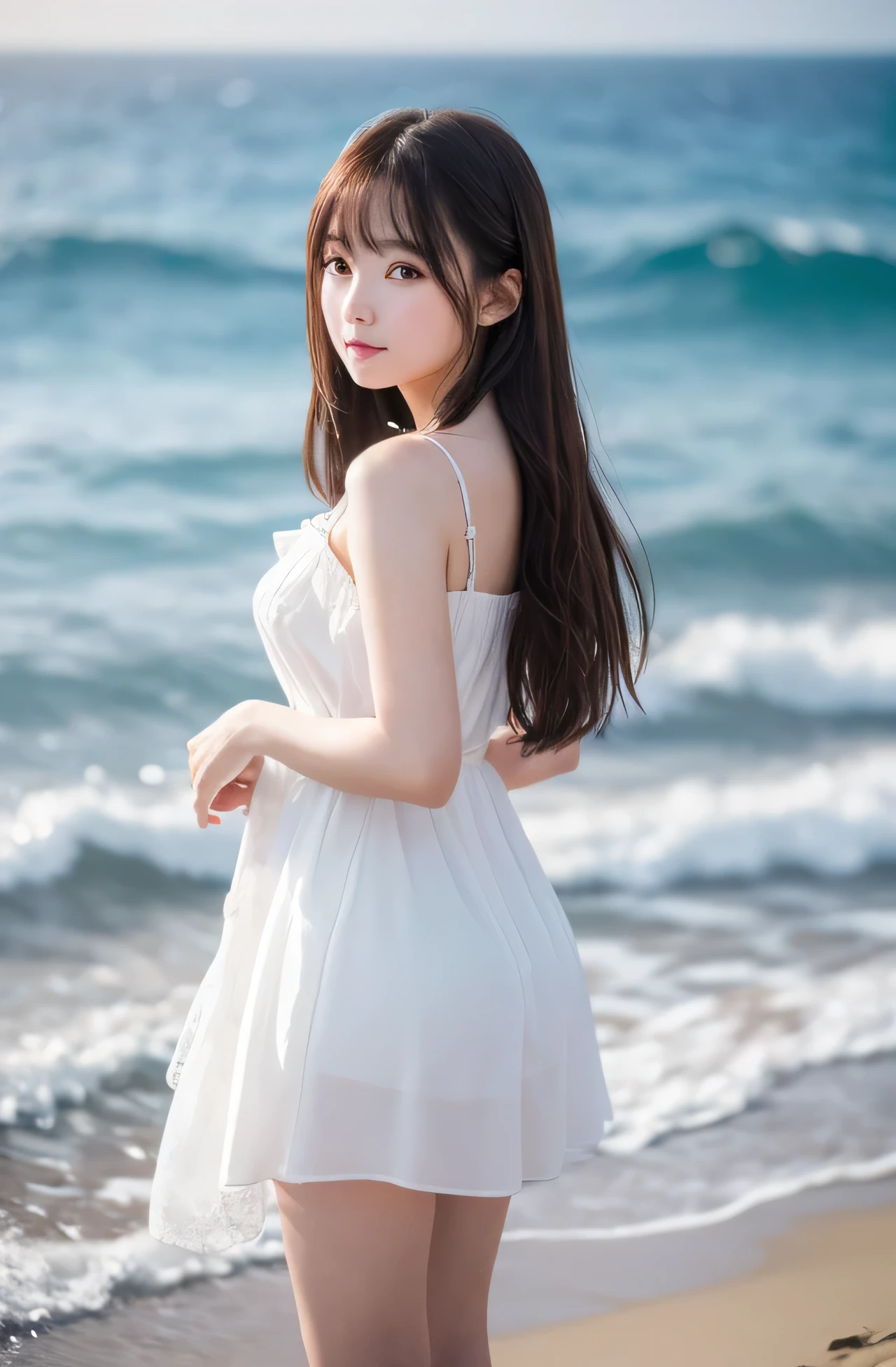 1girl,highres,  high quality,  masterpiece,  bare shoulder, white dress, breakwater