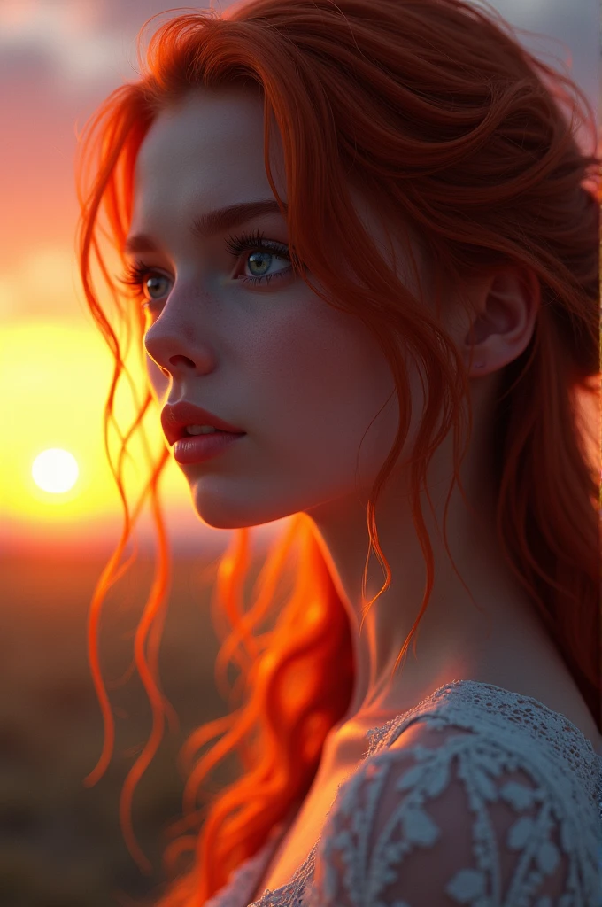 woman with blue eyes, crying, next to the sunset, With red hair, with a black flower