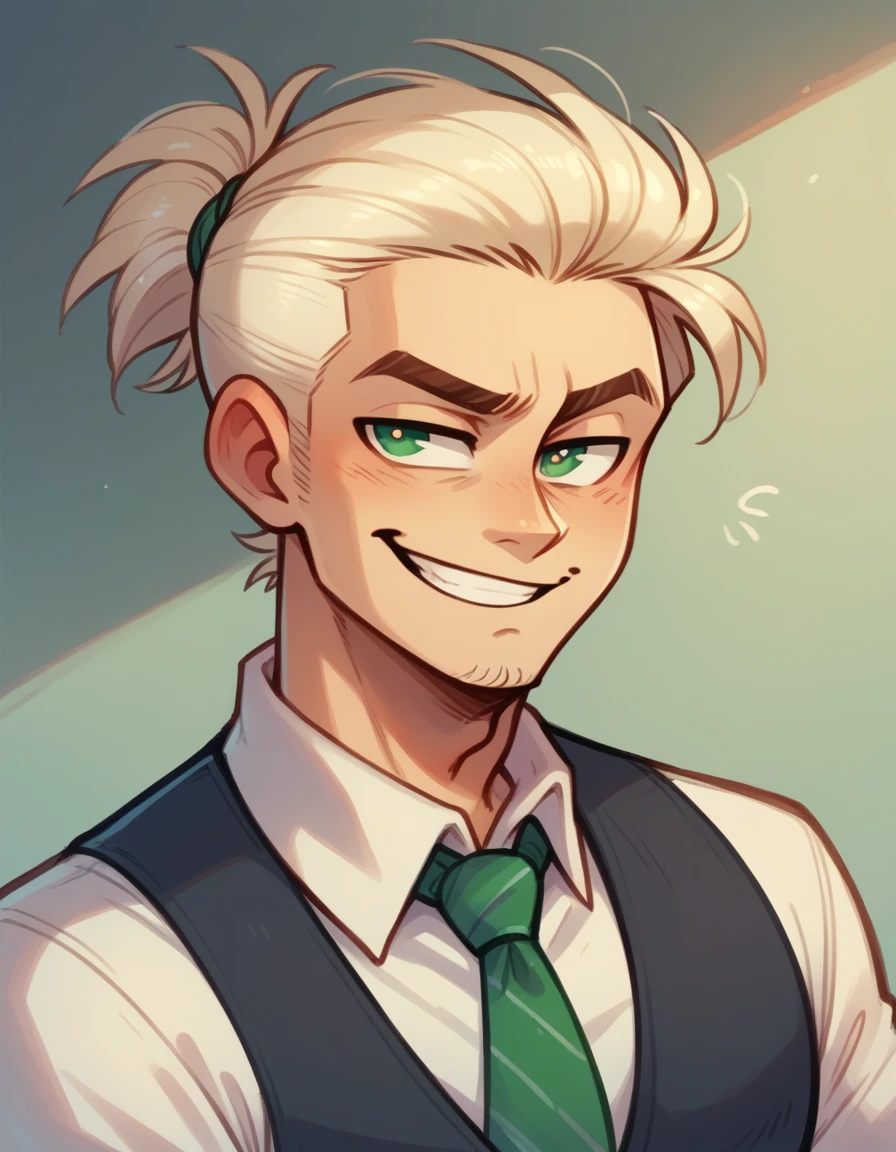 ( Mlp ) ,human Male , whiter Tied hair  , Green pupils ,Smug , vest , Tie 