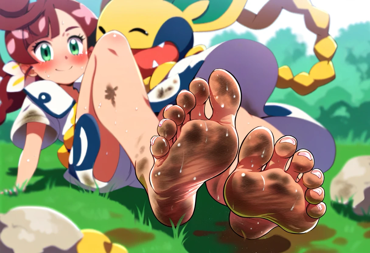 1girl, chloe cerise (pokemon), aomoro, depth of field, shiny skin, blush, 2 foot focus, barefoot,2  feet, soles, toes, 2 bare legs, presenting 2 foot, dirty, dirt ,sweat, best quality, amazing quality, very aesthetic, highres, incredibly absurdres, in school