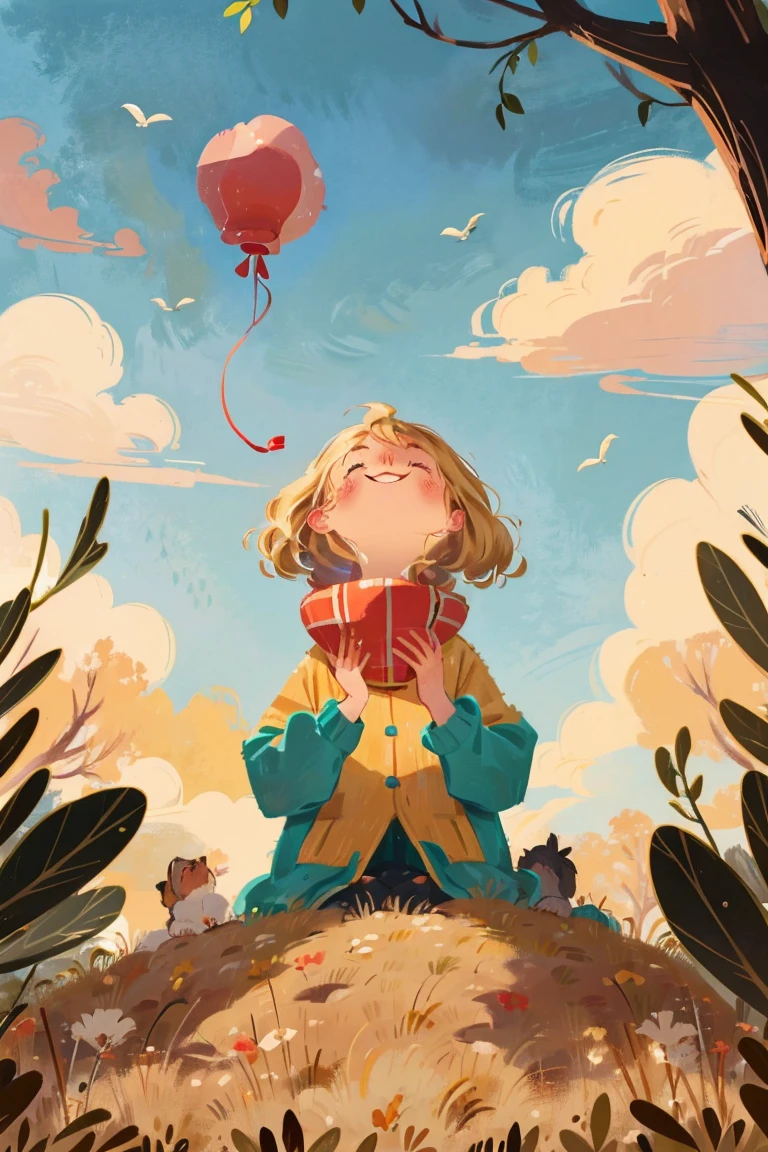 A relieved puppy back on the ground in the park, looking up at the sky with a happy expression. A friendly bird is perched on a nearby branch. The red balloon is floating away in the distance. Warm, golden hour lighting. Soft, comforting style suitable for a children's book ending.