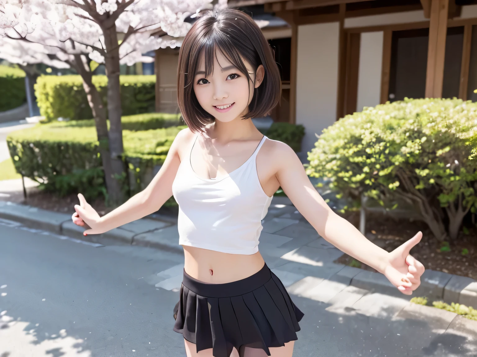 SFW, by a Telephoto Lens, 
One Girl Looks Up at the Mountain over there from the Entrance of the Steep Stone Stairways Leading to Many Small Temples, 
Many Temples Exist Halfway in the Mountain, Outside, 
The Pale Skinned Japanese Girl with Wide-Set Eyes is 17-Year-Old and Has Very Short Bob Cut, 
((The Girl Bashfully Blushes and Shows off the Only a Few Buttocks Protruded from Crimson Bloomers to the Viewer and Opens Mouse Slightly)), High protruding buttocks, 
Brown Hair, Wet Hair, Messy Hair, 
((The Girl Wares White Gym Shirts Having a Long Length to Cover the Waist)), 
Medium ASS, Small Breasts:1.0, slender waist, Ecstasy, Light Smiling, Cheerful, Pouted Cheek, 
from Below:1.2, from Back:1.2, from Side:1.0, Full Body, Dynamic Angle, 
8K, RAW Photo, Best Quality, Masterpiece, Realistic, PhotoRealistic, Extremely Detailed 8K Wallpaper, (Perfectly anatomically correct:2.0), Beautifully Detailed Eyes, Finely Detailed Face, 
(Professional Lighting:1.6)