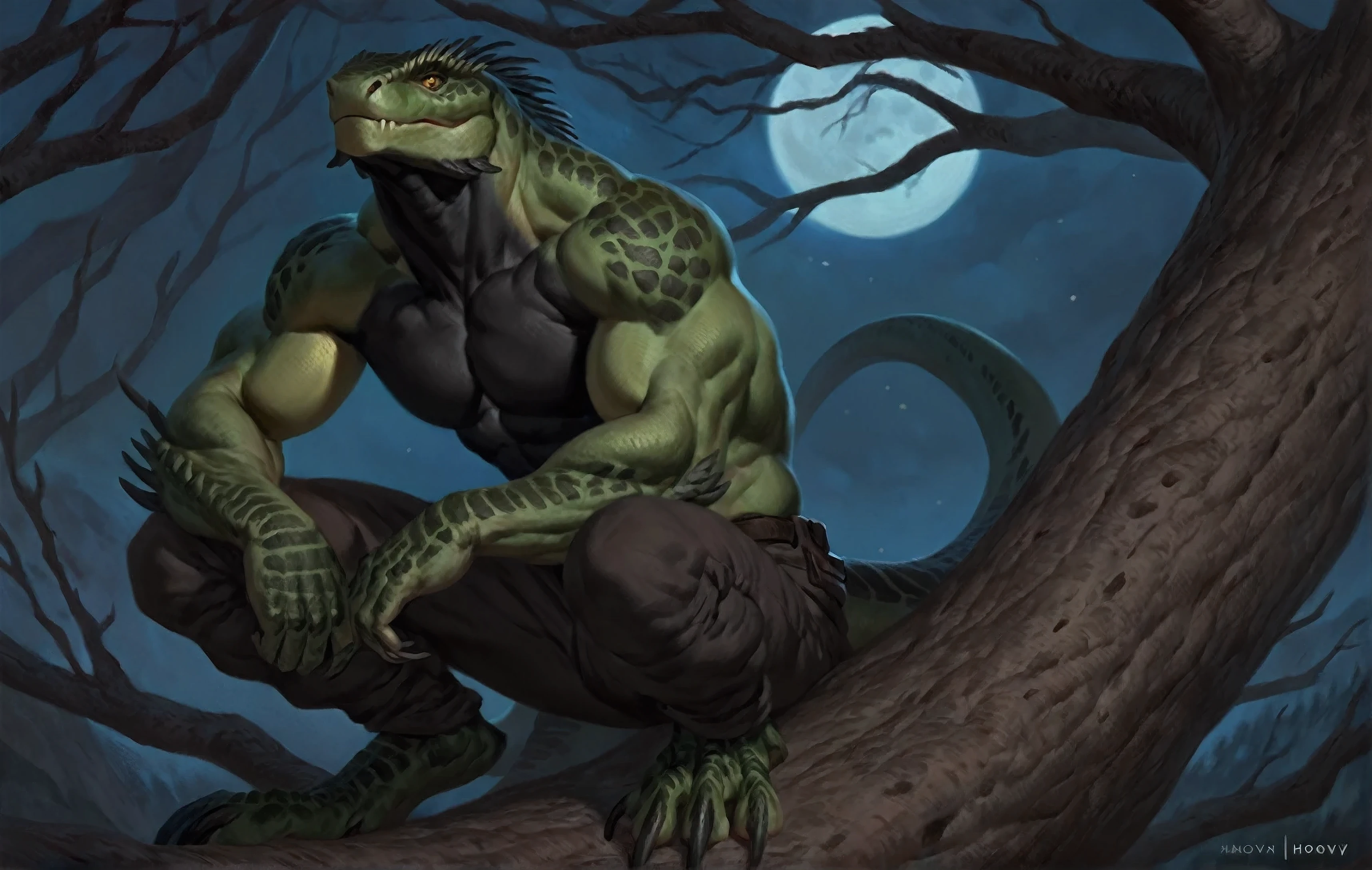 Muscular monster lizardfolk, solo, pants, mercenary, dark green body, black belly, full body, comicbook style, sitting on a tree, night time, best quality, 4k, ultra-detailed, by laobai, by taran fiddler, by honovy