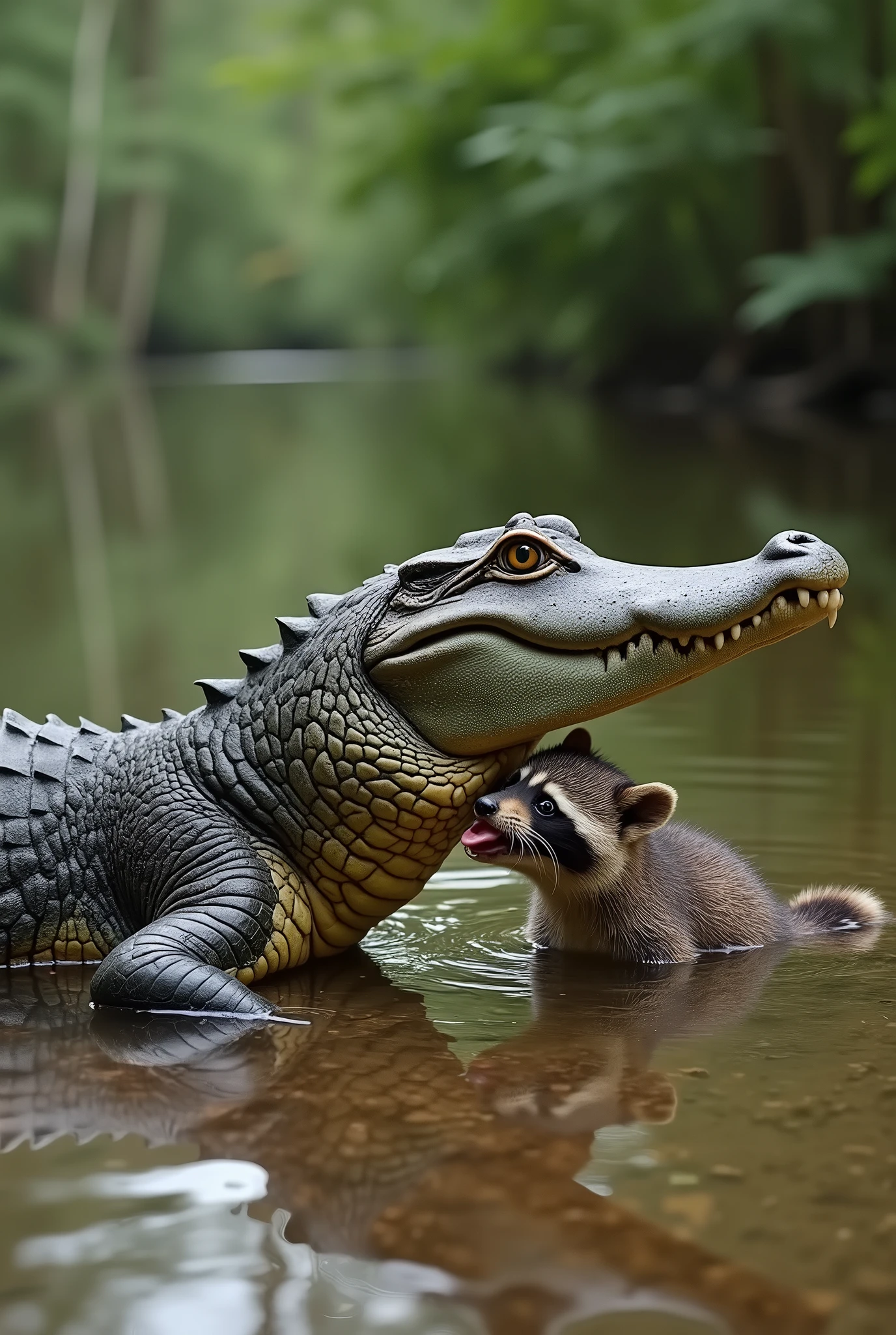 a large alligator is fucking a small raccoon cub on a riverbed, river, forest, feral, animal penis, tapering penis, duo, anal sex, anal penetration, size difference, ridiculous fit, large penetration, big penis,