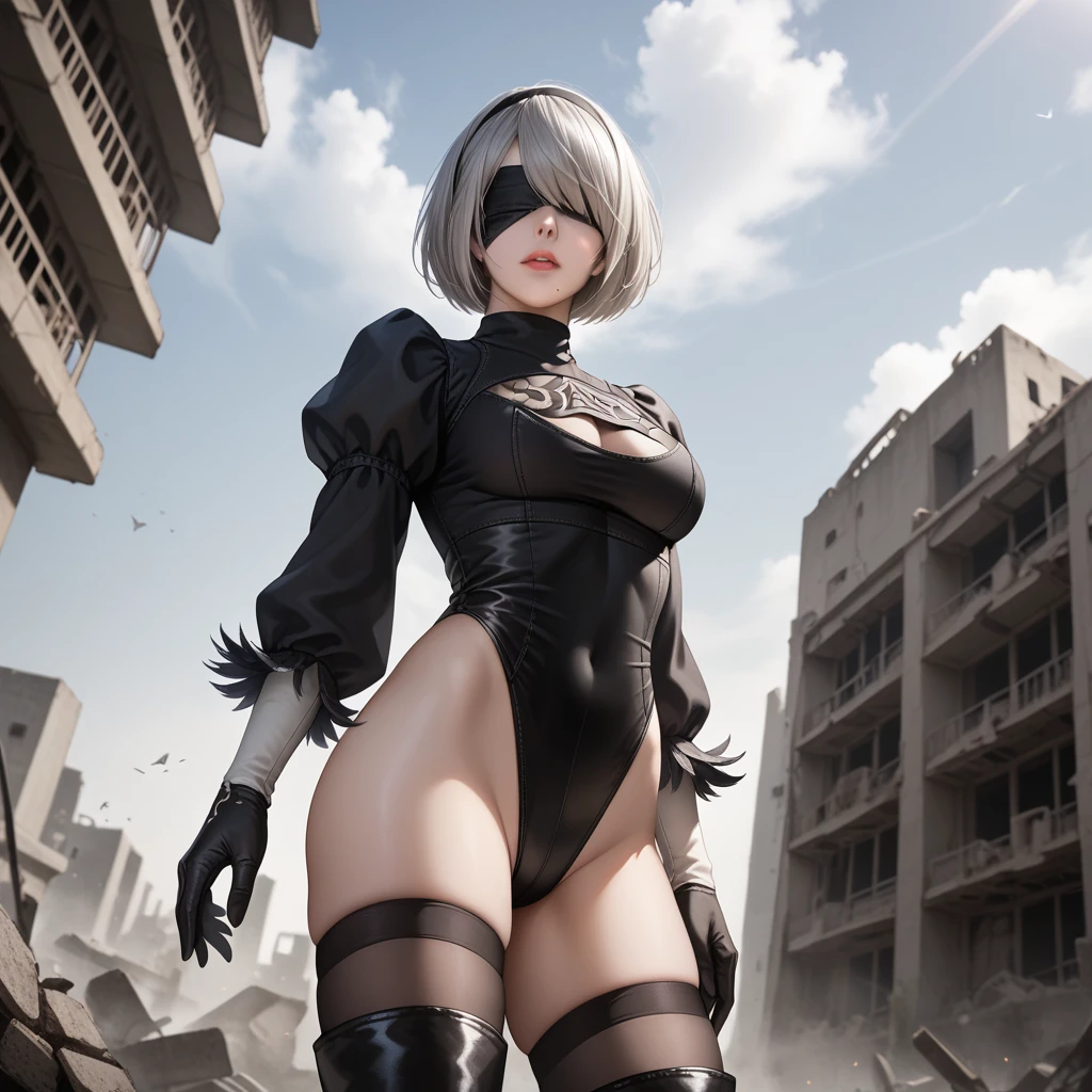 score_9, score_8_up, score_7_up, 32k,masterpiece, highest quality, 
photo realistic, super detail, vibrant colors, chiaroscuro lighting, cinematic lighting,
1 woman, inspired nier automata 2B,
bob cut, gray hair, bangs, mole under mouth, blindfold,
2B leotard, cleavage cutout, skirt, thighhighs under boots,
ruins, a ruined world, devastated cities, dark cloudy sky,
seductive pose, dramatic angle,