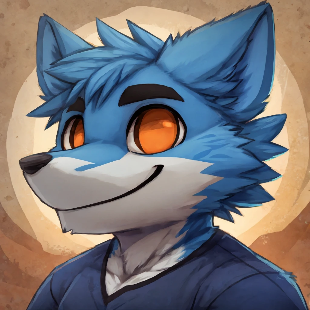 A close-up of an anthropomorphic, blue colored fur dergal, short hair, orange eyes, bara furry, casual clothes, high quality furry art, chibi style.