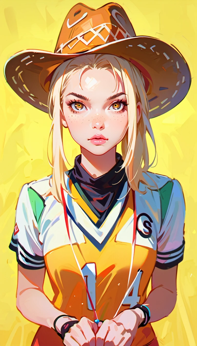 (masterpiece、Highest quality: 1.2)、1 girl、、Anime Style、Blonde、Pink Lips、Freckles、decorated cowboy hat with laces、Baseball Uniforms、In the style of a leading portraitist、Yellow background。Setting up to putt、standing, cowboy shot, tilted head