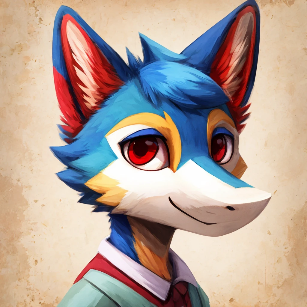 A medium close-up of an anthropomorphic, blue colored fur dergal, short hair, red colored eyes, casual clothes, high quality furry art, animal crossing style.