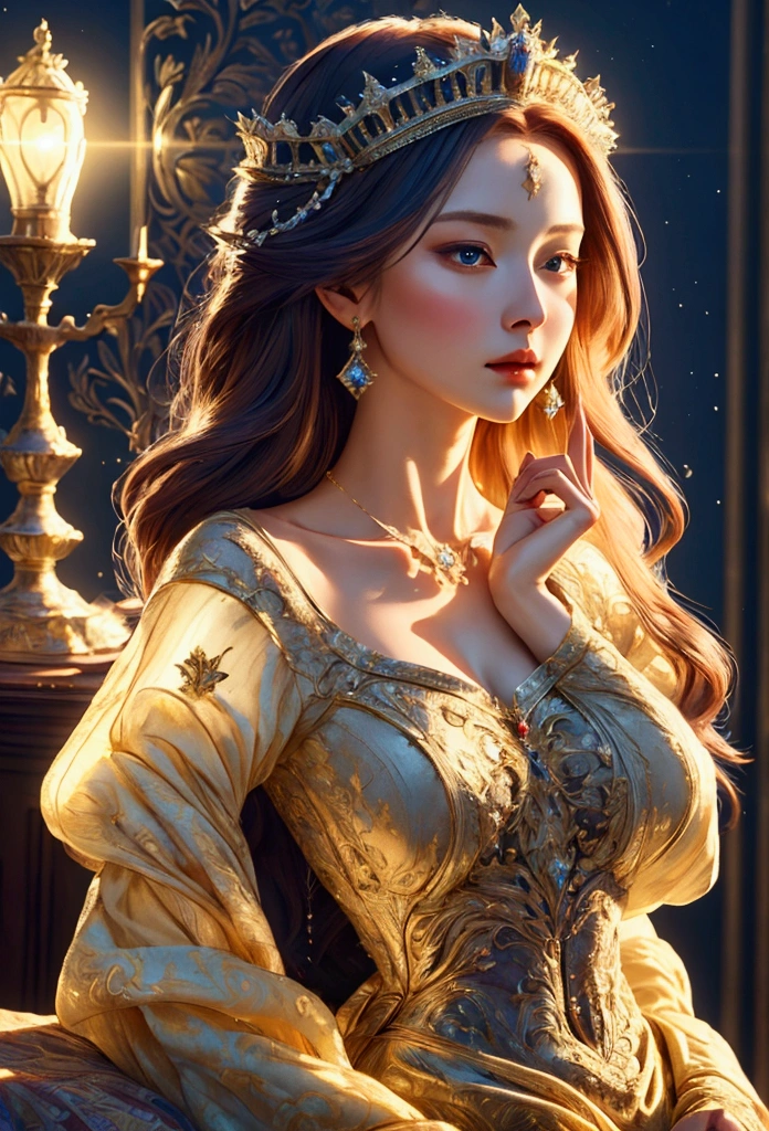 masterpiece, Best Quality, Illustration, Ultra-detailed, finely detail, hight resolution, 8K Wallpaper, Perfect dynamic composition, Beautiful detailed bright brown eyes , RAW format, realistic face, incredibly beautiful girl, silky, Smooth and shiny brown hair, extremely detailed eyes and face, Cinema Lighting, Full body shot, beautiful detailed yellow dress, princess, background in castle