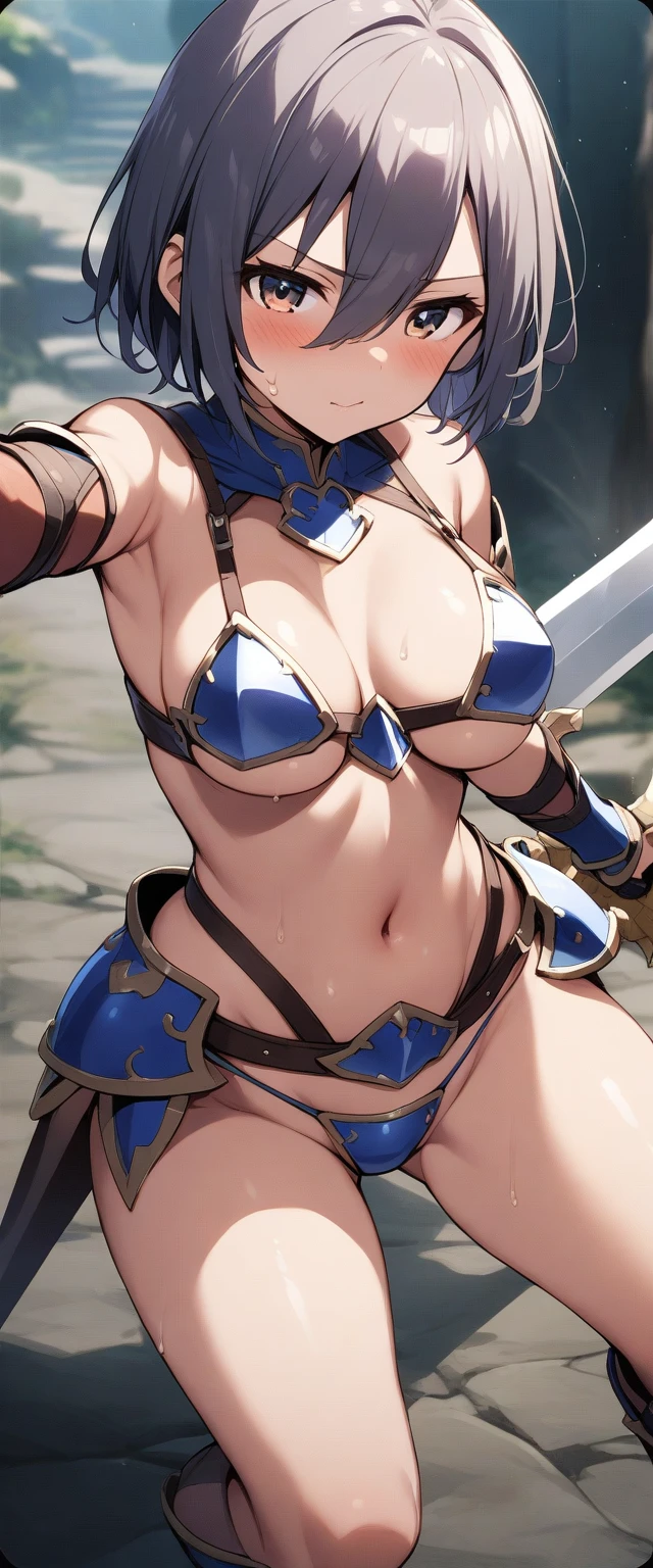 Female warrior in micro bikini armor、1girl、tits、Looking at the camera、shorthair!、Holding a sword