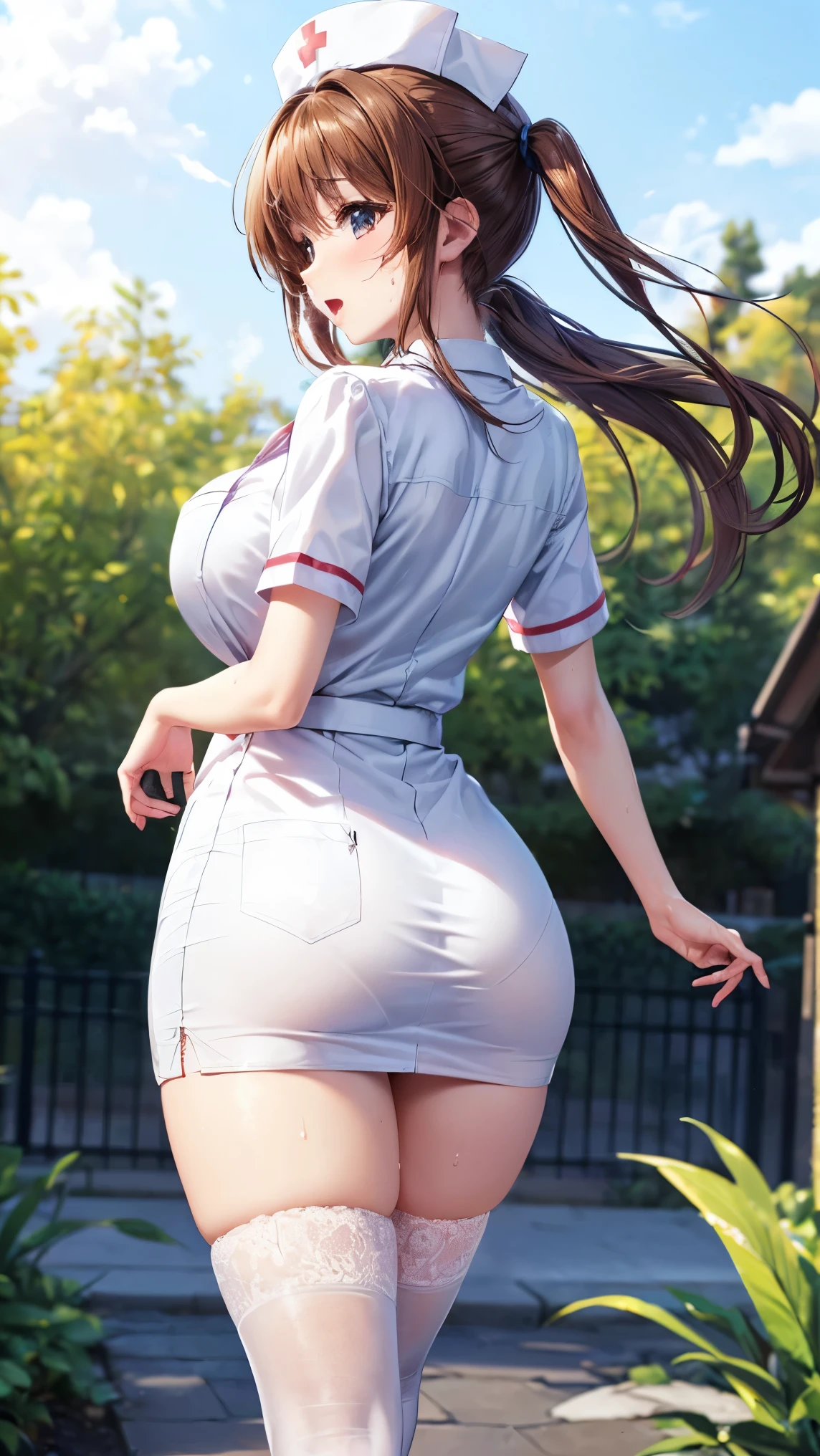 best quality,1girl,((big breasts:1.5)),((orgasm,blush,sweat,steam)),tongue out,ahegao, nanoha takamachi, takamachi nanoha, brown hair, long hair, ((straight hair:1.5)), blue eyes, ((nurse, nurse cap, breast pocket, collared dress, short dress, short sleeves, thighs, white dress, white headwear, mini skirt, lace legwear,pantylines:1.3)),walking,garden,from behind,wind,wind lift,lace panties