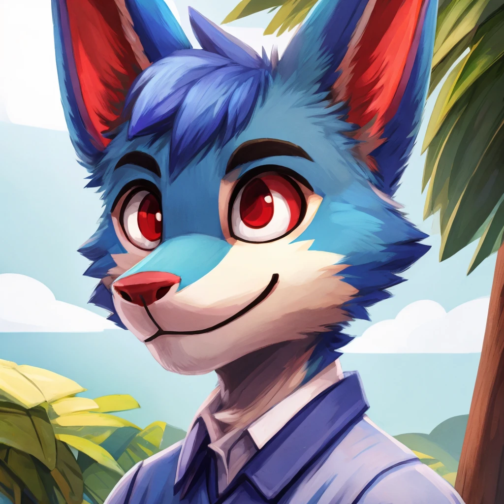 A medium close-up of an anthropomorphic, blue colored fur dergal, short hair, red colored eyes, casual clothes, high quality furry art, animal crossing style.