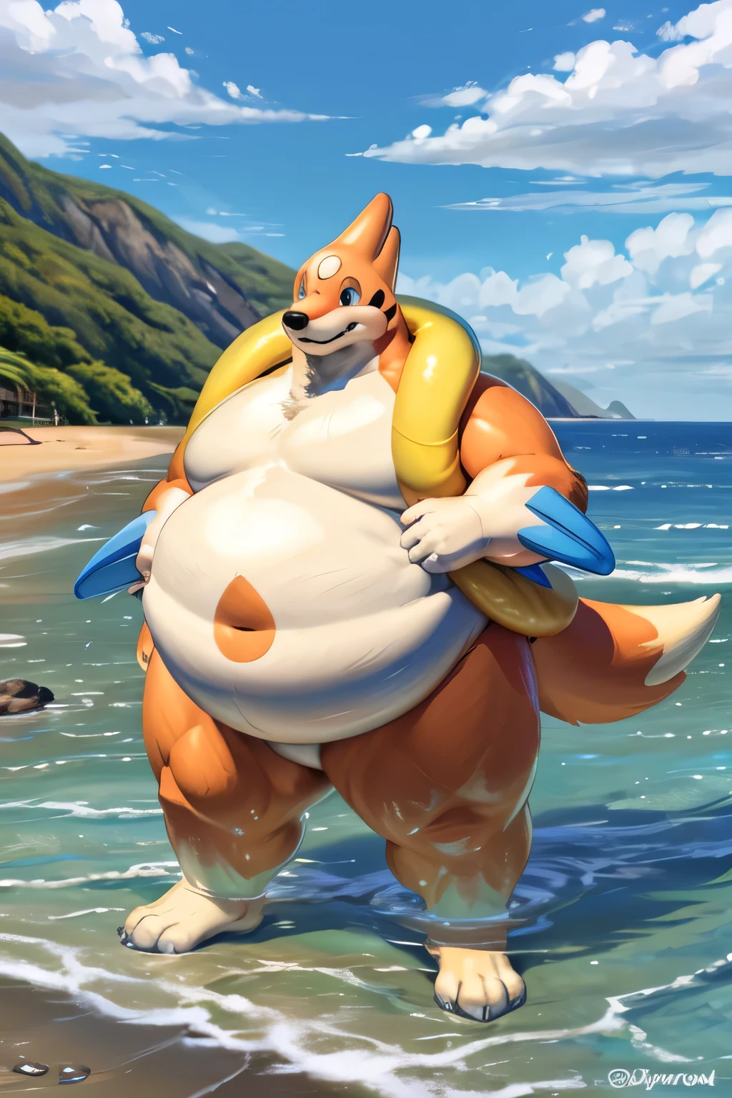 Gargomon、Muscle-gut, Giant Monsterountain of fat、The body is buried due to fat、The stomach is triangular、Extreme obesity、very thick fat、my stomach touches the ground、Stomach like a giant balance ball、Saggy belly、detailed eyes, Thick thighs、very very tall、Thick animal-like legs、Cheeks that store fat、thick arms、huge torso、thick neck、fat neck、sharp claws、legs buried in fat, thick twisted corners, On the Beach, Has belt over the left shoulder, Has pants on