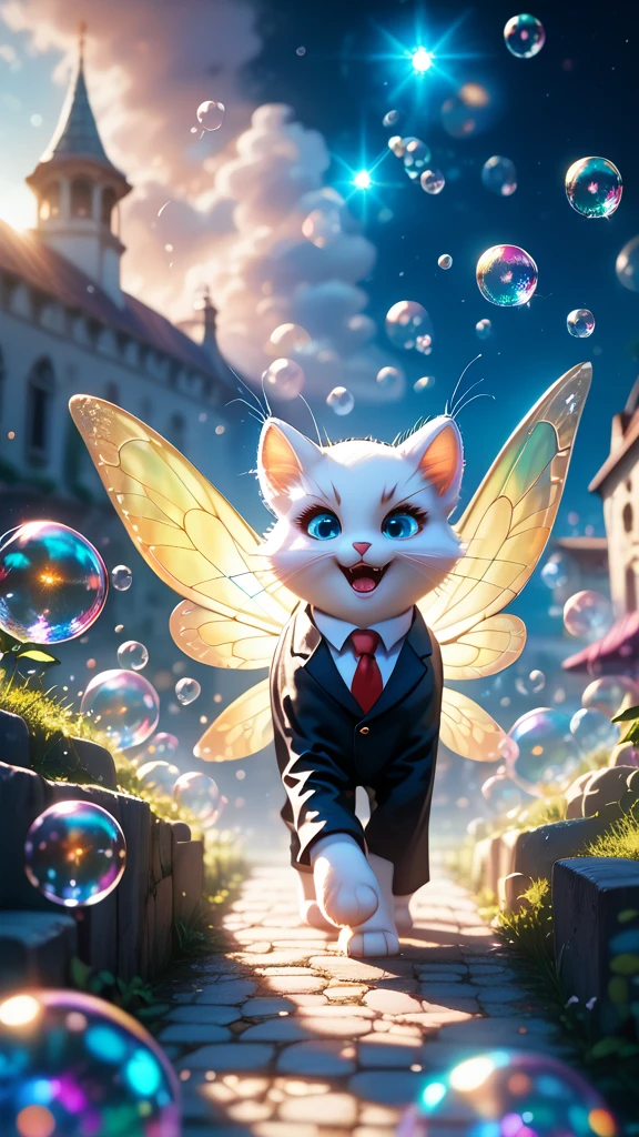 White fur cat with bright blue eyes, wearing a black suit with red buttons, white tie, Leaning against a small stone fence, Looking at the viewer With a flirtatious smile, Sweet floral scent spreads throughout the painting, Bubbles flying up peak, Fairies and wonderful images, sunny day, Soft clouds, Warm air, dream bubbles, Shadow game, bright colors, masterpiece, full details, Shine, Shadow game dark, Maximum quality, Score_9, Score_8_up, Score_7_up, dramatic lighting, high detail, high budget, bokeh , Cinema lens, glamor, epic, gorgeous, film grain, grainy , masterpiece, best quality, anatomically perfect, very aesthetic, formal art, 8k, Fantasy, fantasy