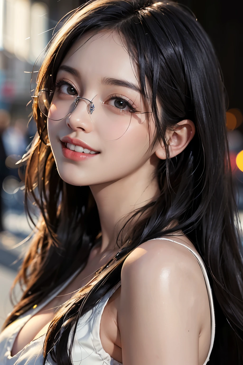 A 16k realistic portrait masterpiece, realistic soft detailed lines, highest resolution, every detail, meticulousness, depth of field, bright colors, beautiful composition: a girl teenage girl wearing thin-rimmed glasses, smiling cheerfully, light makeup with trendy short black hair and beautifully detailed innocent eyes, standing on a dark and ominous scene. sexy silk dress.