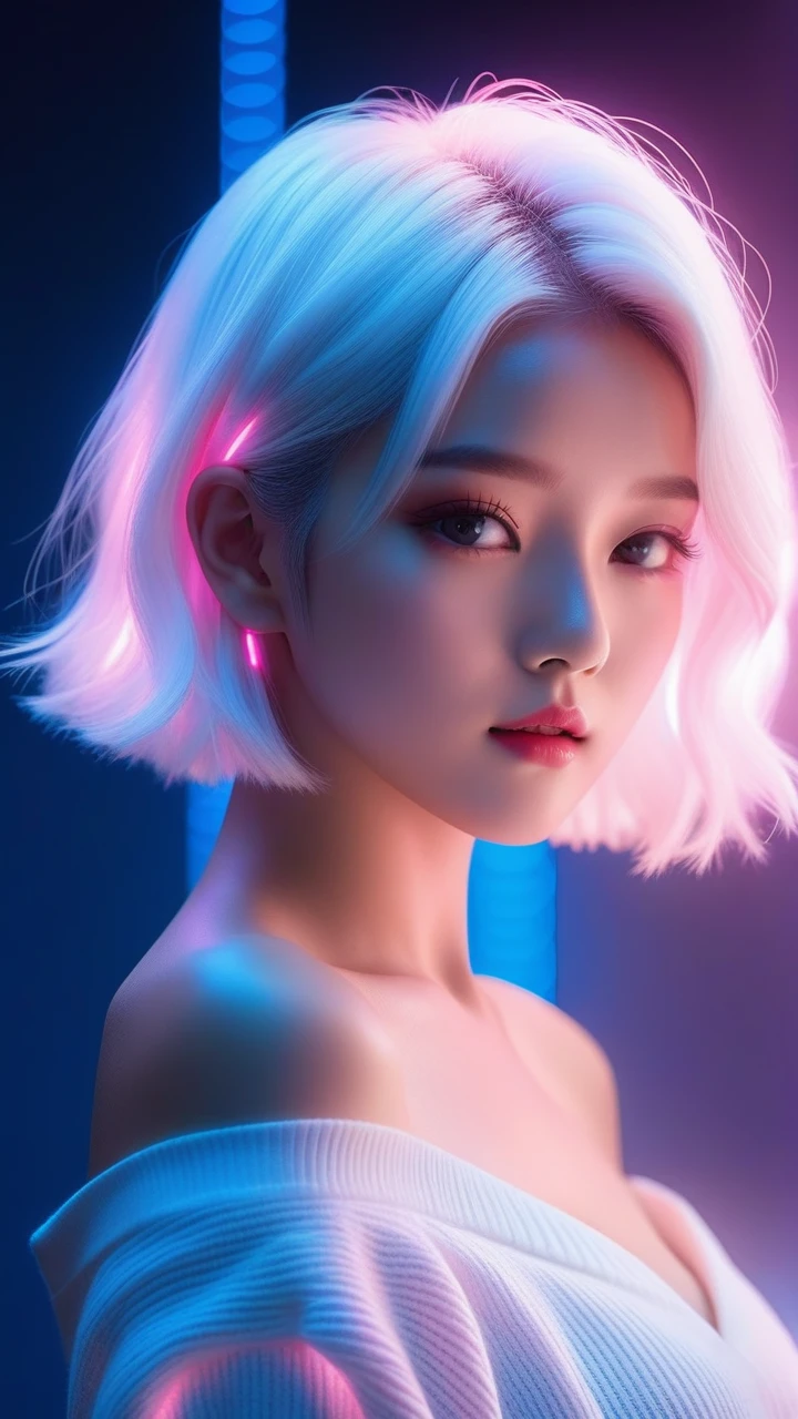 an attractive K-pop girl/model/idol with short white hair, wearing a white knitted off-shoulder top, posing for a photo, neon lighting, gradient pink-blue lighting, simple dark blue ambient dim lighting, the light spots shining down on the lens create a melancholic atmosphere, dark environment,highly detailed,ultra-high resolutions,32K UHD,best quality,masterpiece,