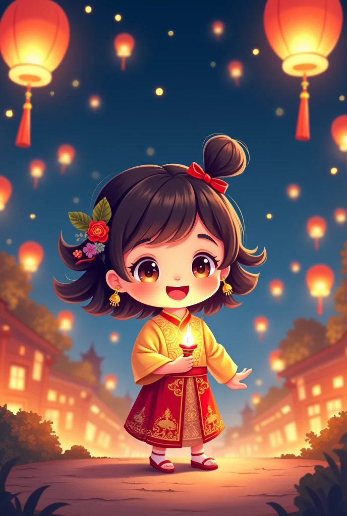 Cute Chinese girl,Wearing traditional Chinese clothing,(Wearing a dragon hat),(holding fireworks in hand:1.3),Smile happily,Cartoon image,full body portrait