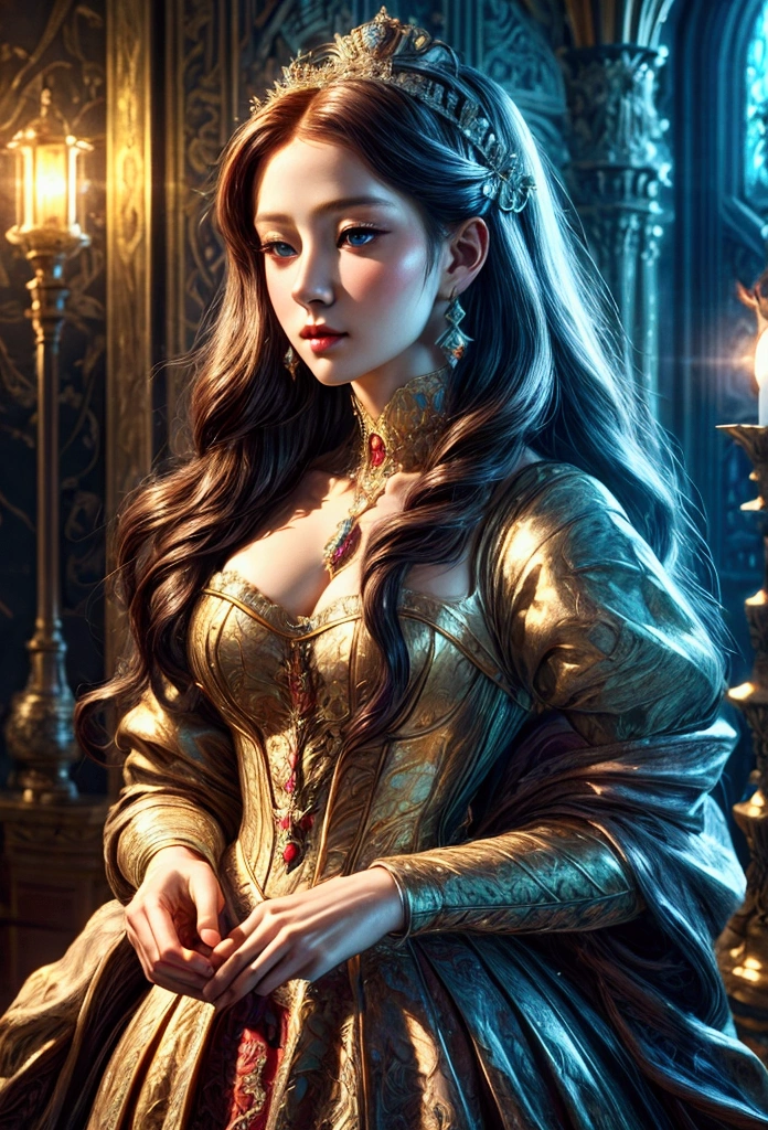 What would a Renaissance queen look like in a gorgeous dress?? (masterpiece:1.2), (illustration:1.1), (Best quality, 8k, HDR, wallpaper, Movie lighting, sharp focus).