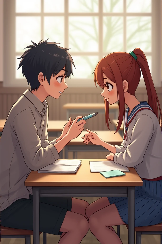 A Long light Brown Hair Girl, very cute, large breasts, cute eyes, very pretty, pail White skin, sitting in Front of an antisocial black haired highschool Guy ON the desk, they are near each Others and realize they are in Love with each Other and Blush , Anime style
