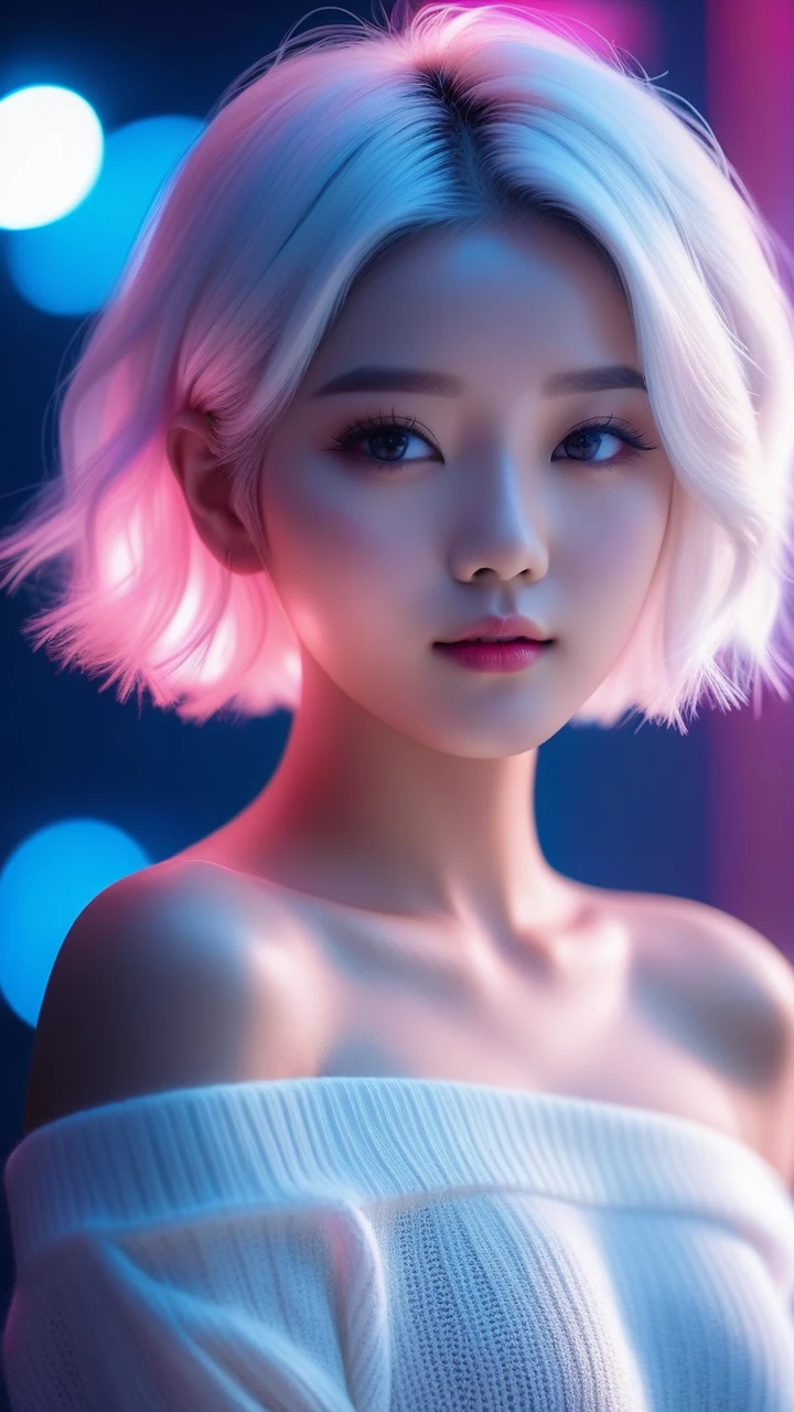 an attractive K-pop girl/model/idol with short white hair, wearing a white knitted off-shoulder top, posing for a photo, neon lighting, gradient pink-blue lighting, simple dark blue ambient dim lighting, the light spots shining down on the lens create a melancholic atmosphere, dark environment,highly detailed,ultra-high resolutions,32K UHD,best quality,masterpiece,