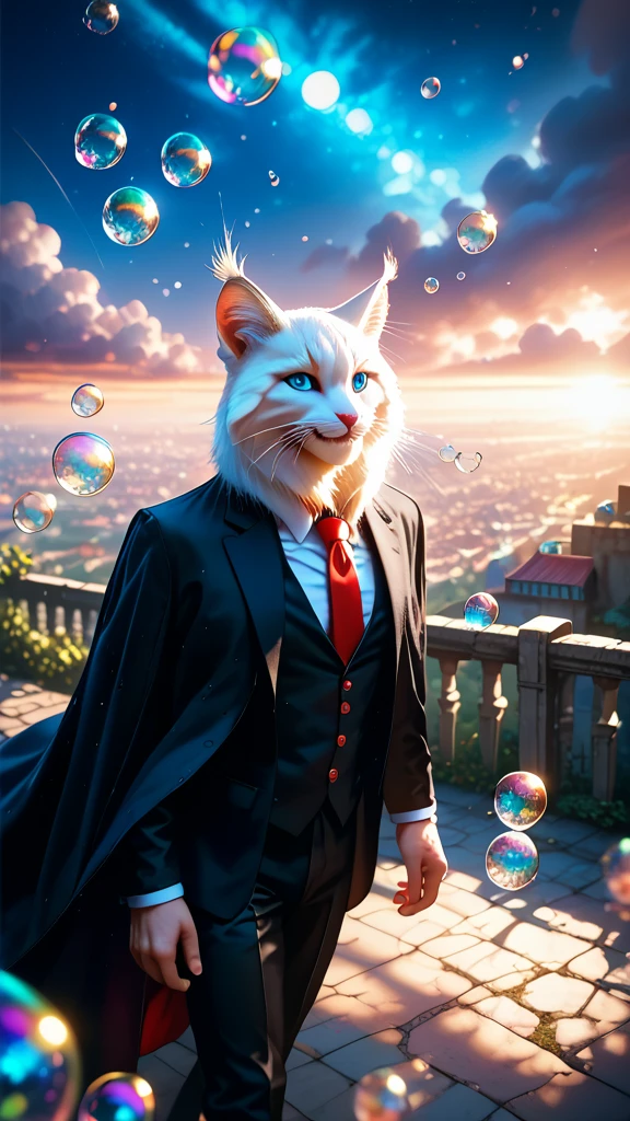 White fur cat with bright blue eyes, wearing a black suit with red buttons, white tie, Leaning against a small stone fence, Looking at the viewer With a flirtatious smile, Sweet floral scent spreads throughout the painting, Bubbles flying up peak, Fairies and wonderful images, sunny day, Soft clouds, Warm air, dream bubbles, Shadow game, bright colors, masterpiece, full details, Shine, Shadow game dark, Maximum quality, Score_9, Score_8_up, Score_7_up, dramatic lighting, high detail, high budget, bokeh , Cinema lens, glamor, epic, gorgeous, film grain, grainy , masterpiece, best quality, anatomically perfect, very aesthetic, formal art, 8k, Fantasy, fantasy