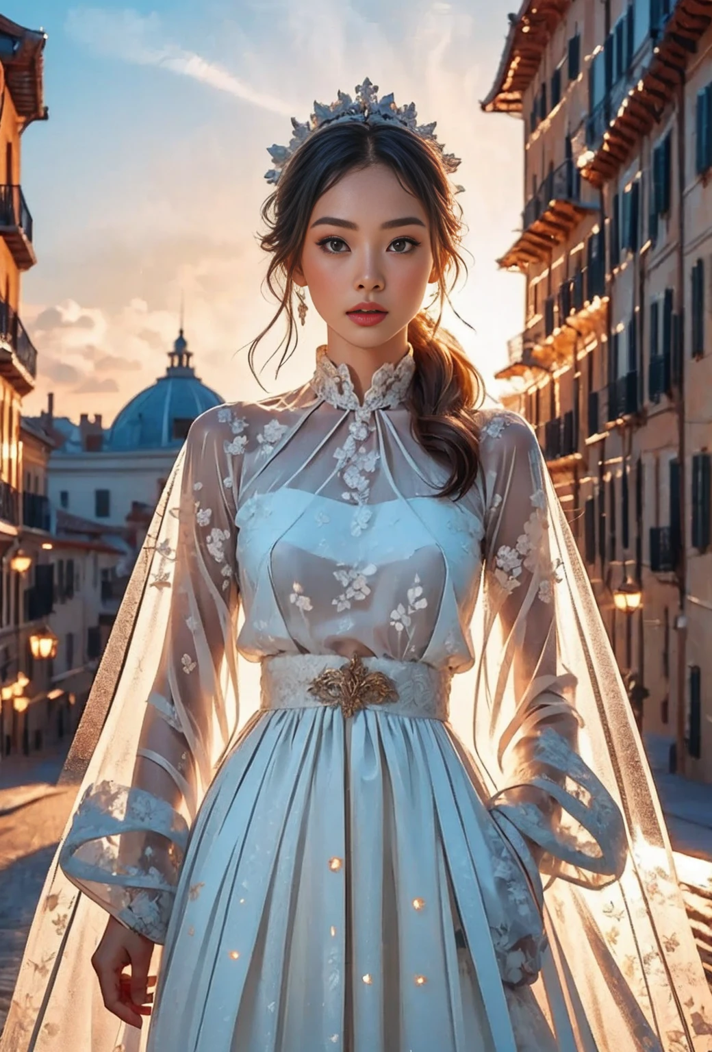 What would a Renaissance queen look like in a gorgeous dress?? (masterpiece:1.2), (illustration:1.1), (Best quality, 8k, HDR, wallpaper, Movie lighting, sharp focus).